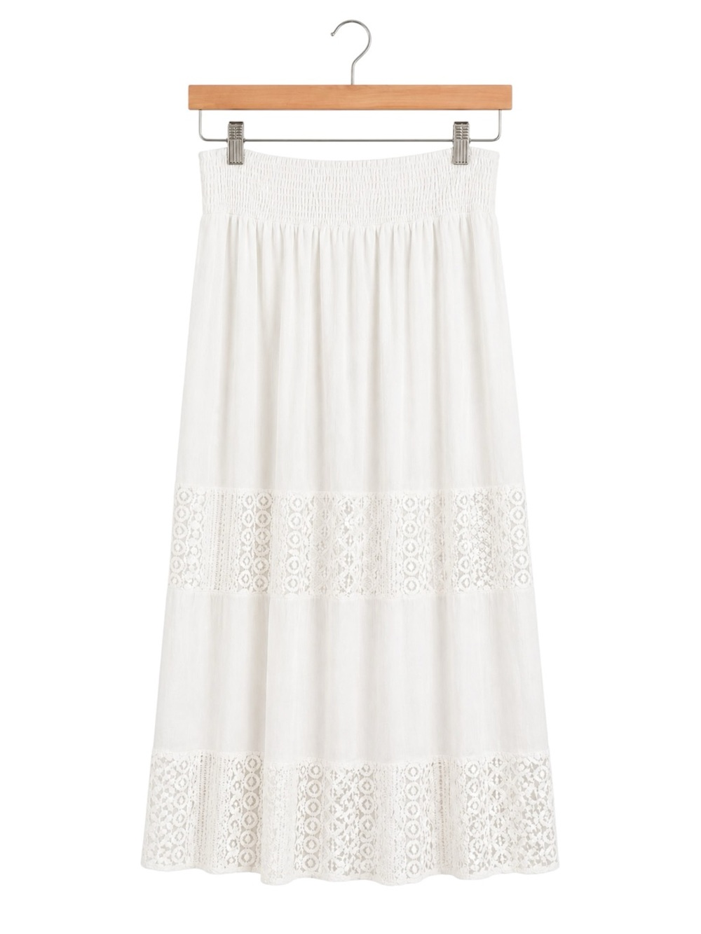 Tanzara Boho Prairie Lace Midi Skirt White Smocked Waist Tiered Medium Cottage